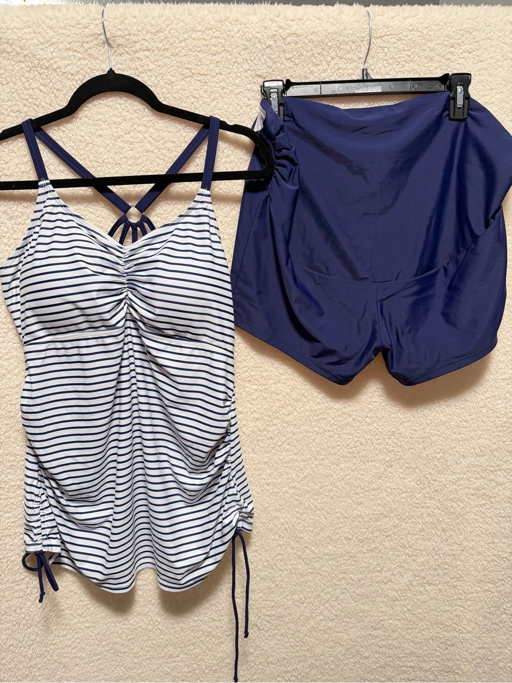 MAACIE Navy & White Striped Tankini with Navy Swim Shorts Size XL Maternity NEW